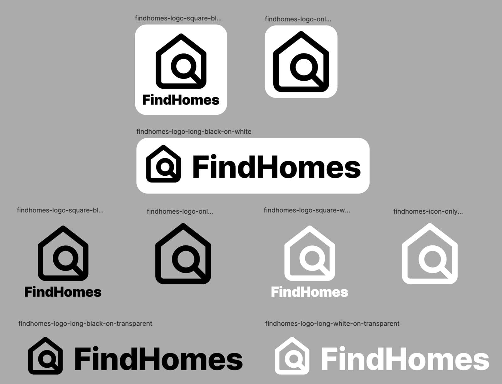 Preview of FindHomes logo variations included in the press kit
